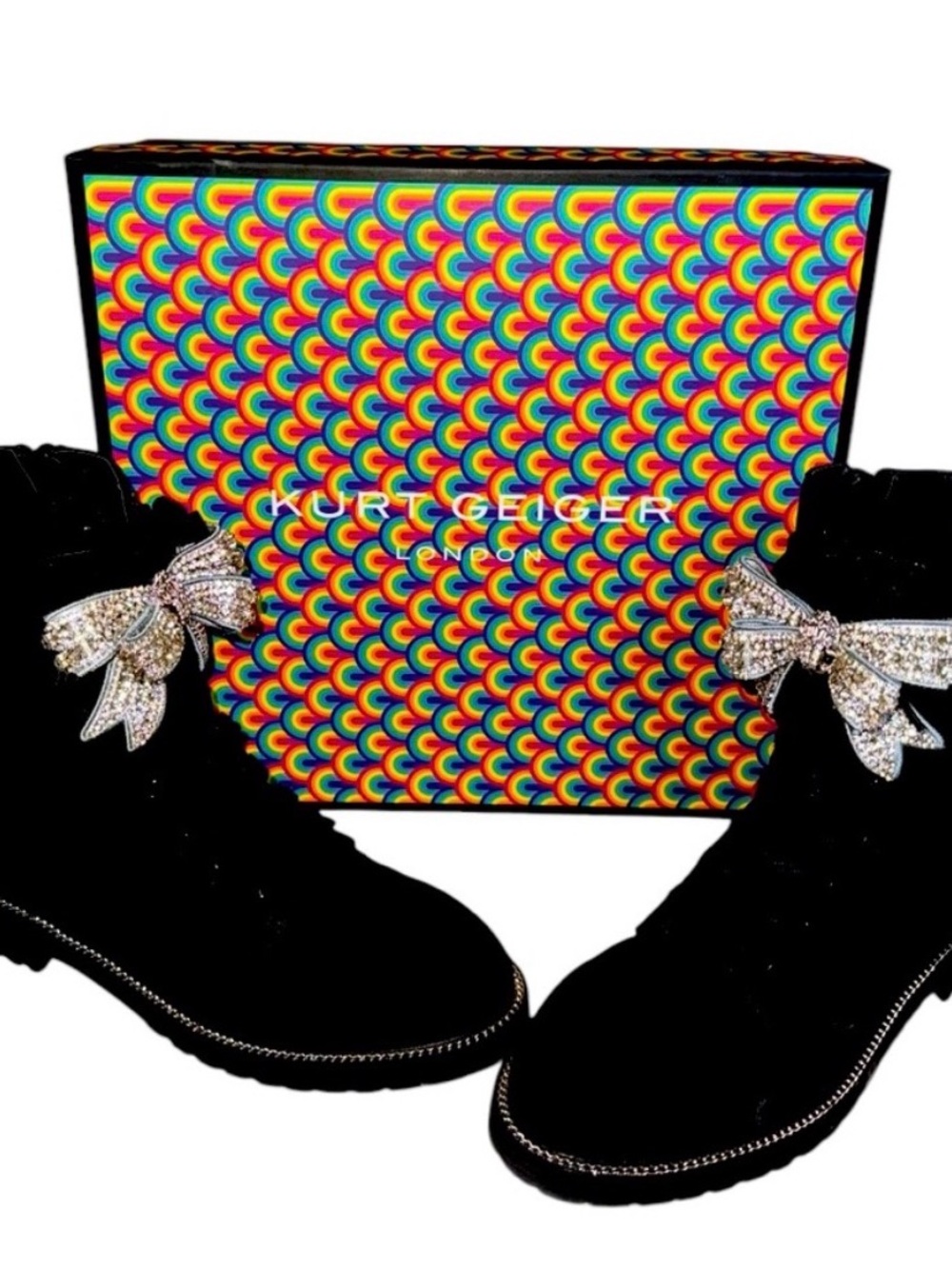 Kurt Geiger Black Velvet Ankle Boots with Crystal Bow